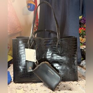 Anne Klein Black Croc-Embossed Tote and Coin Bag